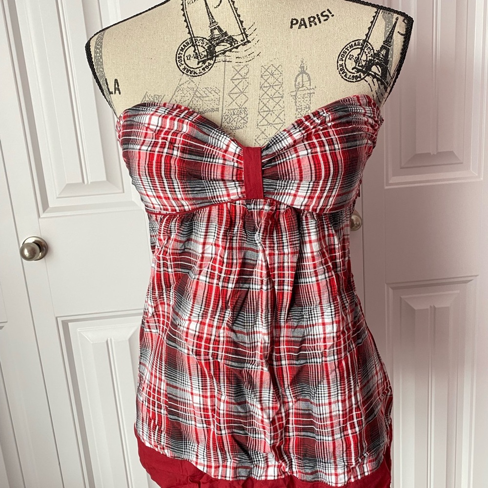 Red Plaid Strapless Top:SOLD